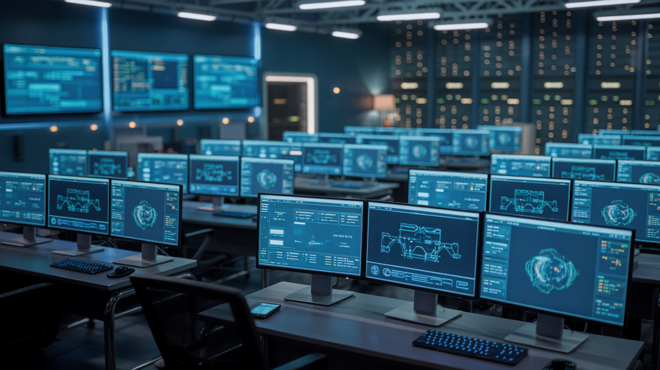 Cybersecurity operations center with security monitoring dashboards