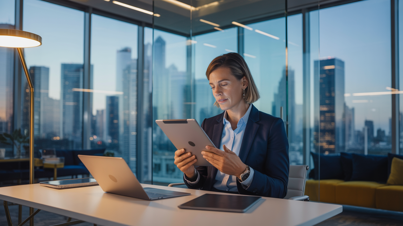 Executive reviewing technology strategy in a modern corporate office