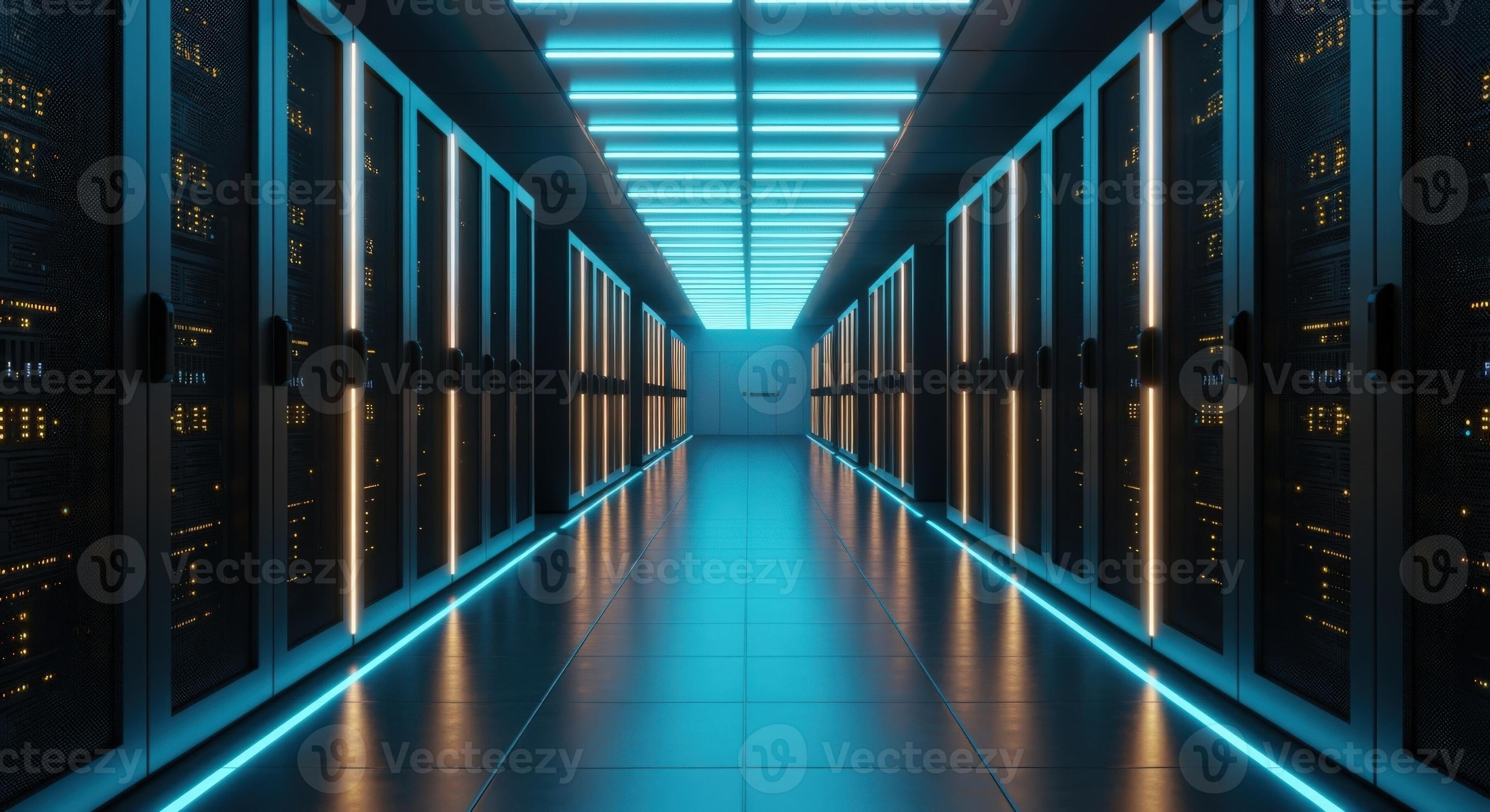 Enterprise data center with blue lighting