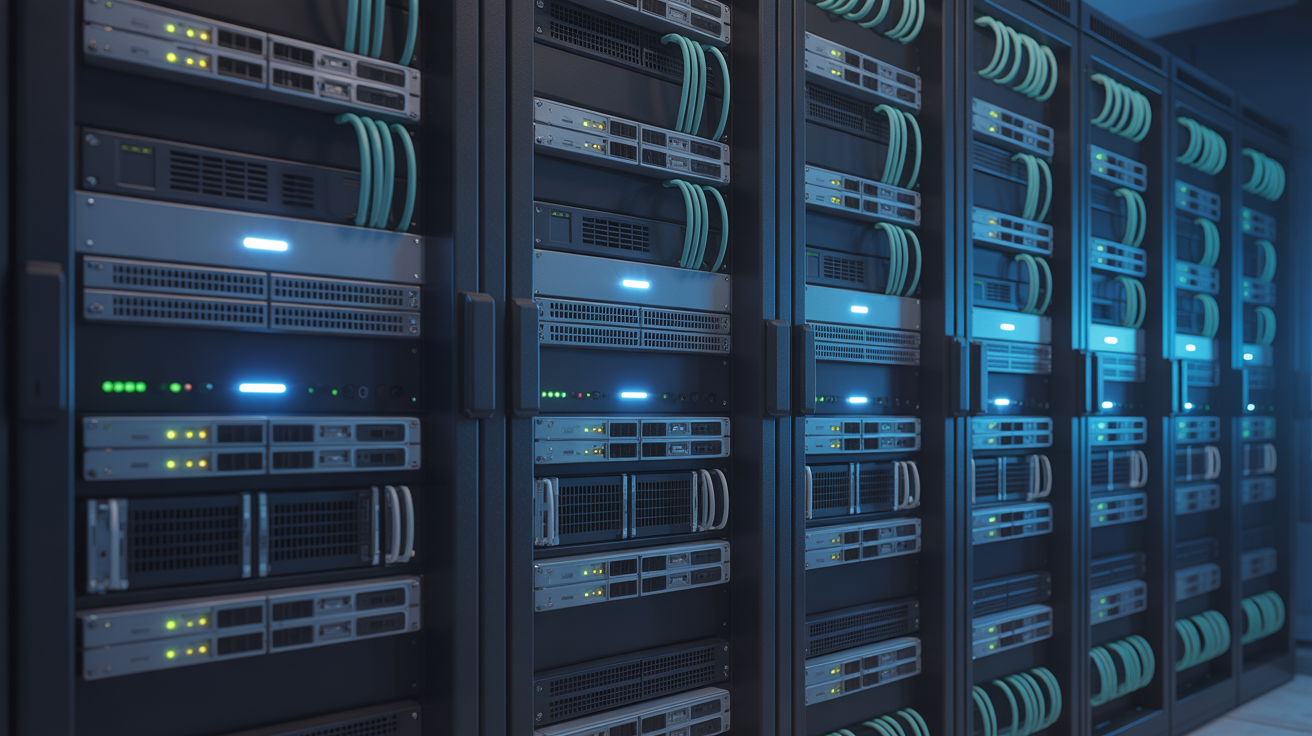 Enterprise server room with Cisco networking equipment and blue LED lighting