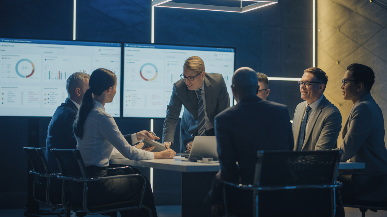 Score Infinity team collaborating on technology strategy in a modern conference room